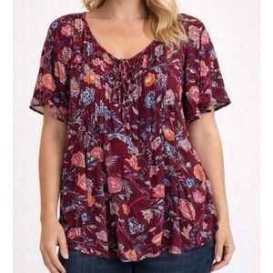 Lucky Brand XL Burgandy Floral Boho Peasant Top Tie Neck Blouse